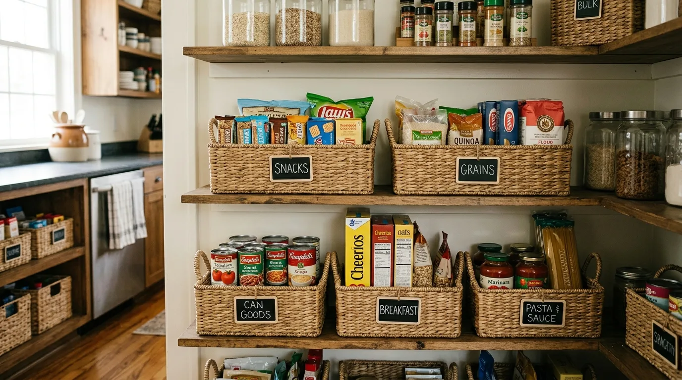 Budget basket storage used in pantry organization
